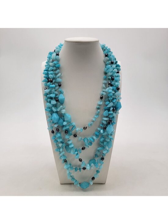Jewelry - Artisan Blue Caribbean Quartz Gemstone & Peacock Pearls Multi-Strand Necklace
